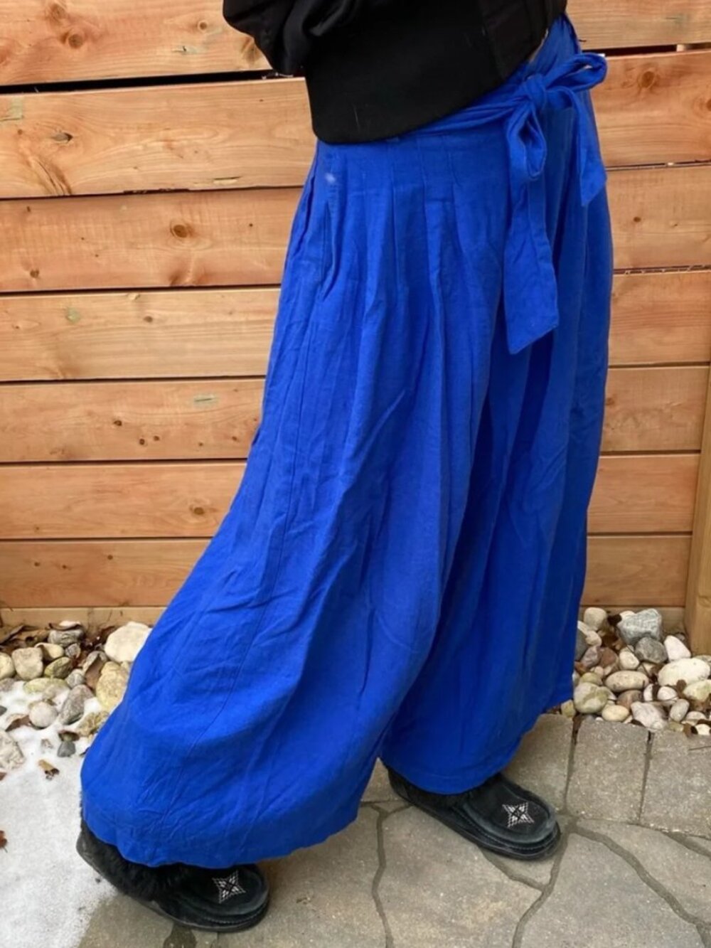 Royal Blue Palazzo Wide Leg Pant Handmade Belted Linen Flowy Mid Waist